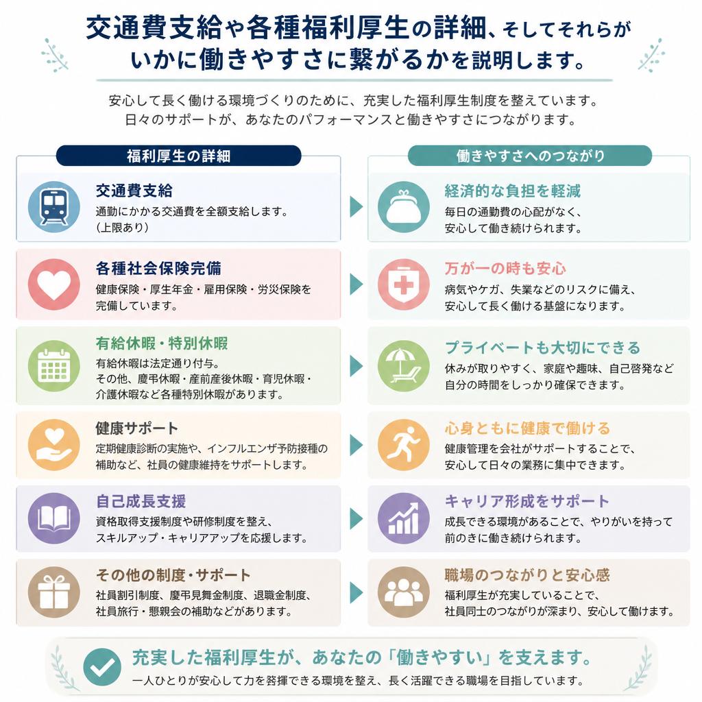 交通費支給や福利厚生の充実
